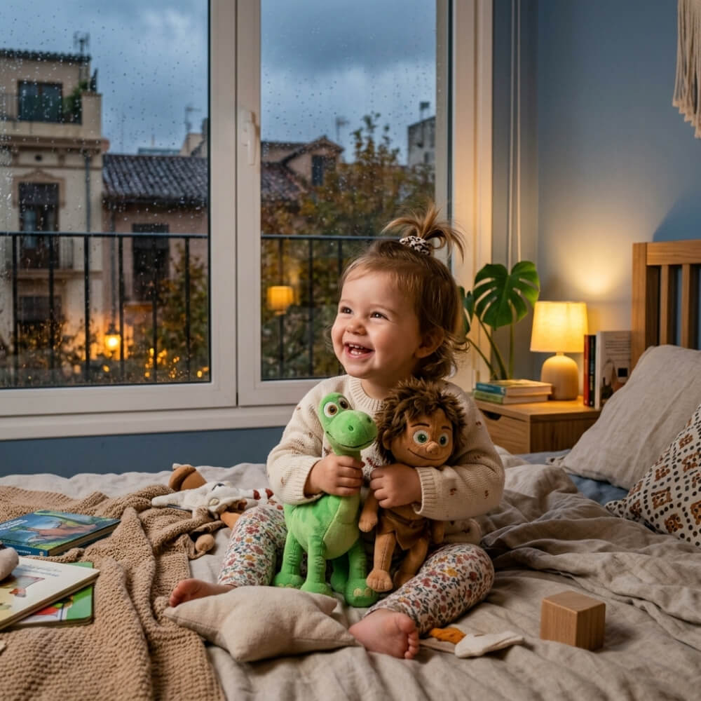 Niña con peluches de l película "el viaje de arlo"